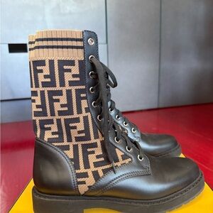 Fendi Black and Brown Logo Combat Boots